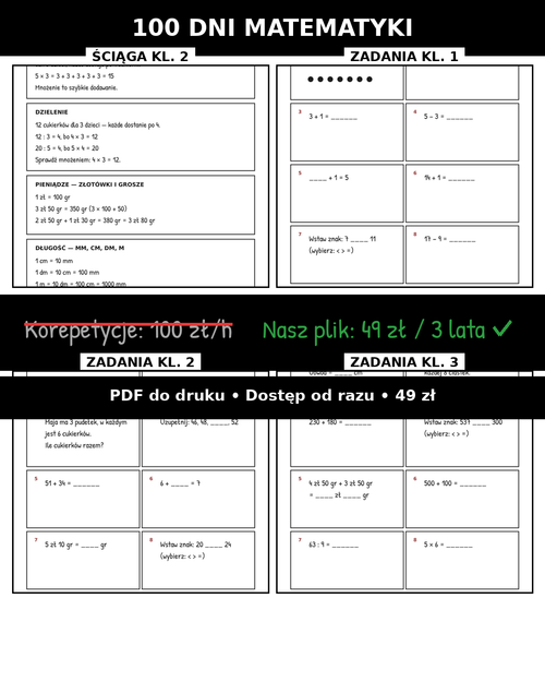 100 Dni Matematyki - ściągi i zadania dla klas 1-3