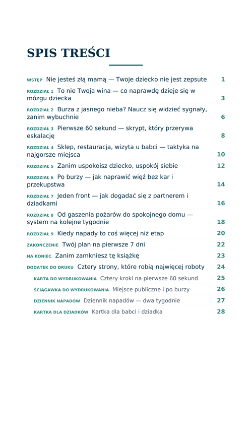 Spis treści poradnika — 9 rozdziałów i dodatek do druku